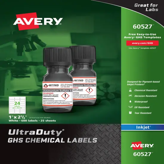 Avery UltraDuty GHS Chemical Labels for Pigment Inkjet Printers, Permanent Adhesive, Waterproof, UV Resistant, 1" x 2-1/2", 600 Labels (60527) {1}