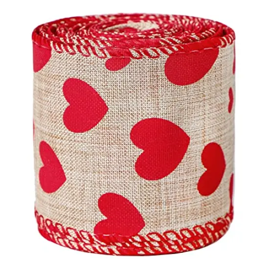 2.5" x 5.5 Yards Red Heart Printed Valentine's Day Burlap Ribbon Wired Edge Ribbon {2}