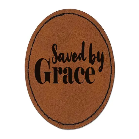 Saved by Grace Inspirational Christian Round Iron-On Engraved Faux Leather Patch Applique - 2.5" Brown {1}