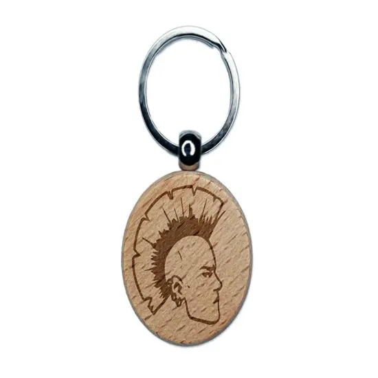 Punk Rocker with Mohawk Engraved Wood Round Keychain Tag Charm {1}