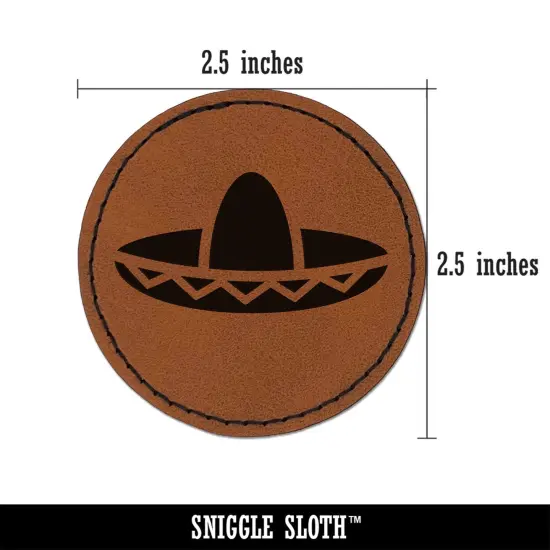 Sombrero Mexico Mexican Fiesta Hat Round Iron-On Engraved Faux Leather Patch Applique - 2.5" Brown {3}
