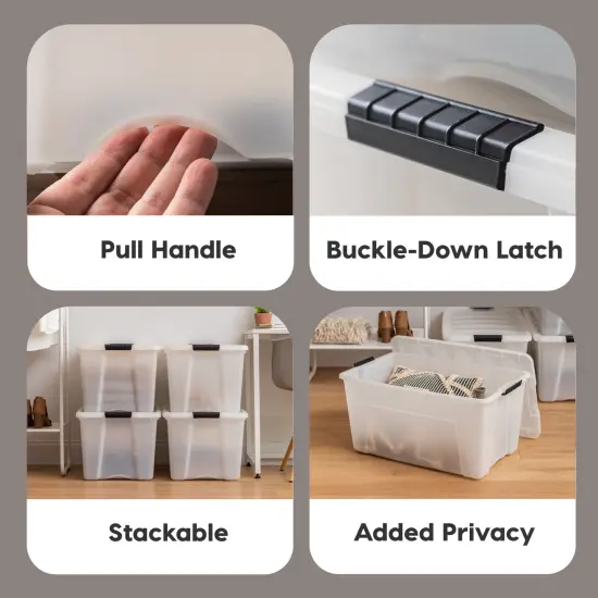 IRIS USA 72 Qt Stackable Plastic Storage Bins with Lids, 4 Pack - BPA-Free, Made in USA - Discreet Organizing Solution, Latches, Durable Nestable Containers, Secure Pull Handle - Pearl {5}