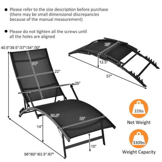 2 Pieces Patio Folding Stackable Lounge Chair Chaise with Armrest-Black {3}