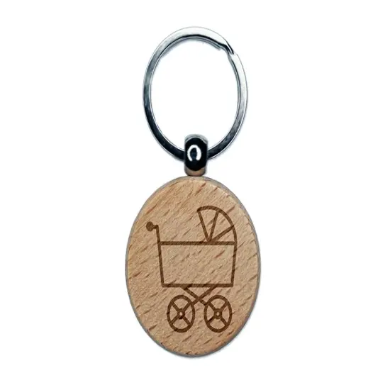 Baby Carriage Pram Stroller Engraved Wood Round Keychain Tag Charm {1}