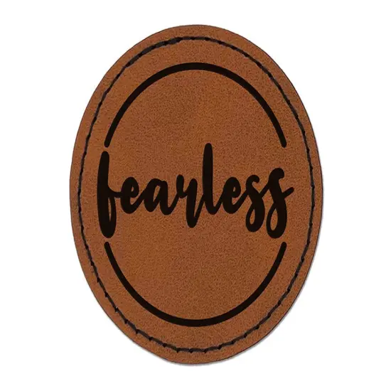 Fearless Cursive Text Round Iron-On Engraved Faux Leather Patch Applique - 2.5" Brown {1}