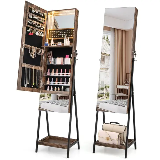 Costway Jewelry Cabinet Armoire Full-Length&nbsp;Mirror with 3-Color LED Lights tip-out Drawer Brown/White {7}