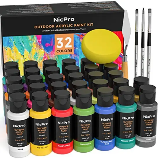 32 Colors Outdoor Acrylic Paint Bulk with Brush and Sponge, Knife, Non-Toxic Paint for Multi-surface Rock, Wood, Fabric, Leather, Crafts, Canvas, Shoes and Wall Painting {2}