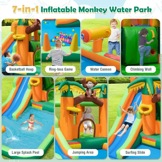 Monkey-Themed Inflatable Bounce House with Slide without Blower {4}
