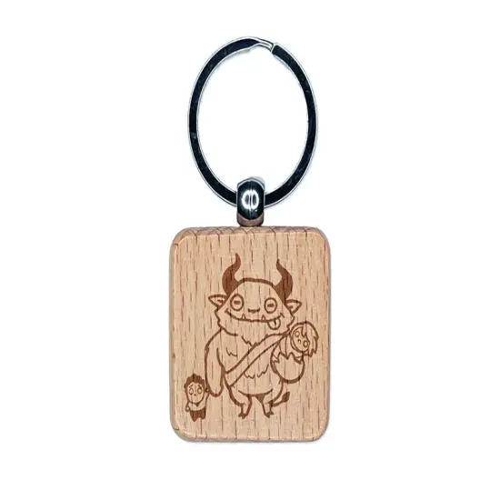 Fluffy Krampus with Naughty Children Christmas Engraved Wood Square Keychain Tag Charm {1}