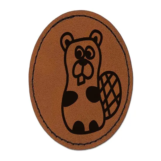 Silly Beaver Doodle Round Iron-On Engraved Faux Leather Patch Applique - 2.5" Brown {1}