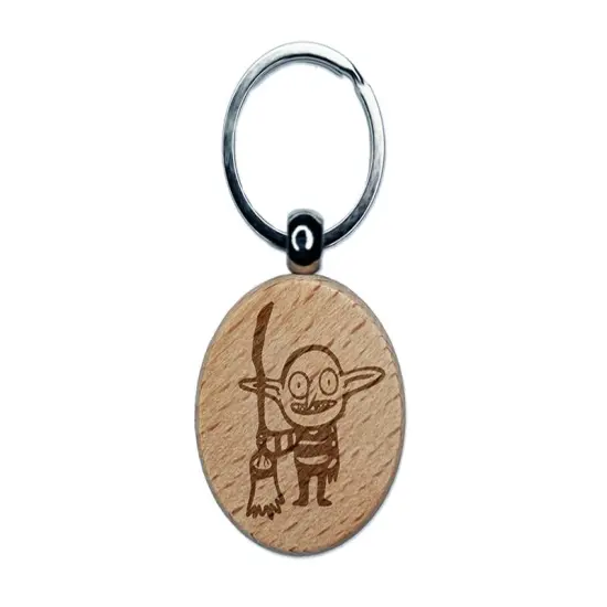 Creepy Goblin With Witch Broomstick Engraved Wood Round Keychain Tag Charm {1}