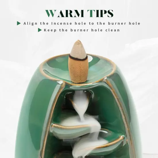 Backflow Incense Burner, Ceramic Waterfall Incense Burner Holder with 120 Incense Cones and 30 Incense Sticks Incense Fountain Smoke Waterfall for Meditation Zen Spiritual Room Home Decor, Cyan {5}