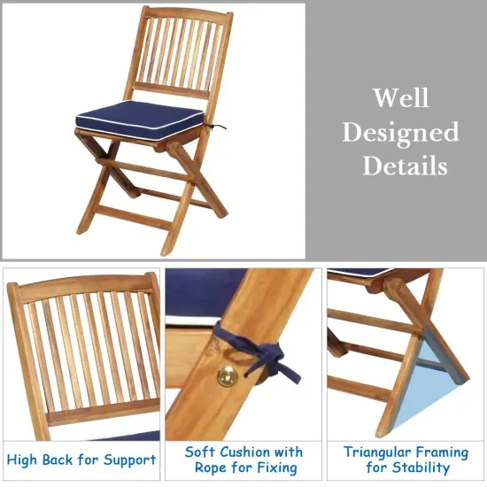 3 Pieces Patio Folding Wooden Bistro Set Cushioned Chair Blue {5}