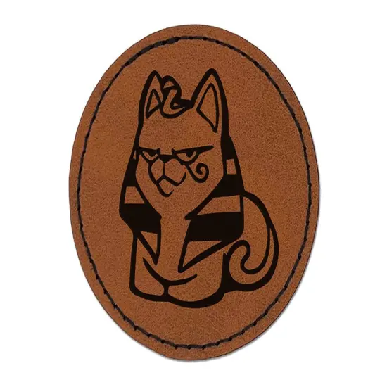 Egyptian Sphinx Cat Loaf Round Iron-On Engraved Faux Leather Patch Applique - 2.5" Brown {1}