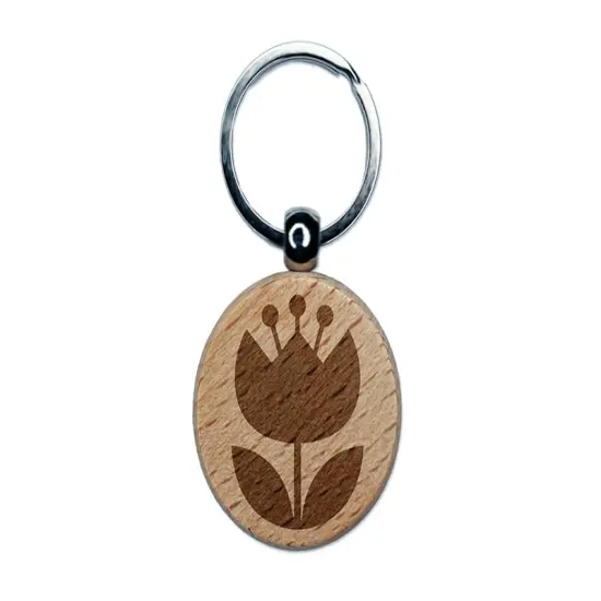 Scandinavian Bulbous Tulip Engraved Wood Round Keychain Tag Charm {1}