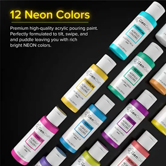 Neon Acrylic Pouring Paint 12 Colors - Pre-Mixed High Flow Ready to Pour - 2 oz./59 ml Bottles - Multi-Purpose Paints for Canvas, Paper, Rocks, Wood {1}