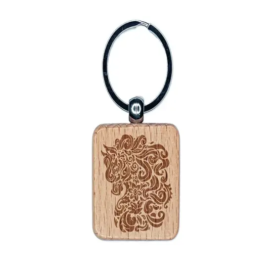 Floral Horse with Flowing Mane Swirls Engraved Wood Square Keychain Tag Charm {1}