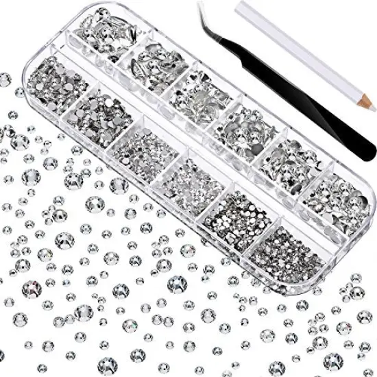 2000 Pieces Flat Back Gems Rhinestones 6 Sizes (1.5-6 Mm) Round Crystal Rhinestones with Pick up Tweezer and Rhinestones Picking Pen for Crafts Nail Clothes Shoes Bags DIY Art (Clear) {1}