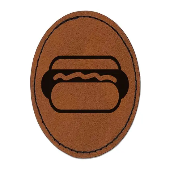 Yummy Hot Dog Round Iron-On Engraved Faux Leather Patch Applique - 2.5" Brown {1}