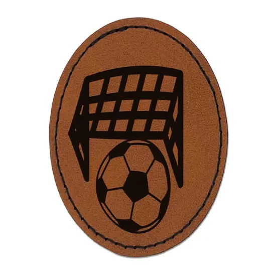 Soccer and Goal Net Round Iron-On Engraved Faux Leather Patch Applique - 2.5" Brown {1}
