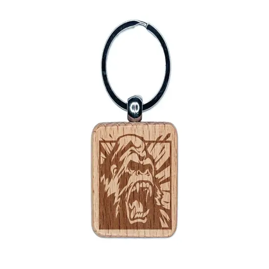 Angry Roaring Silverback Gorilla Engraved Wood Square Keychain Tag Charm {1}