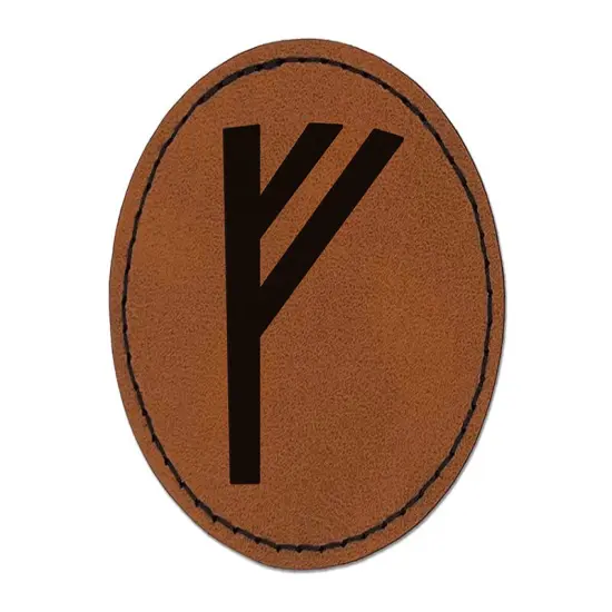 Norse Viking Dwarven Rune Letter F Round Iron-On Engraved Faux Leather Patch Applique - 2.5" Brown {1}