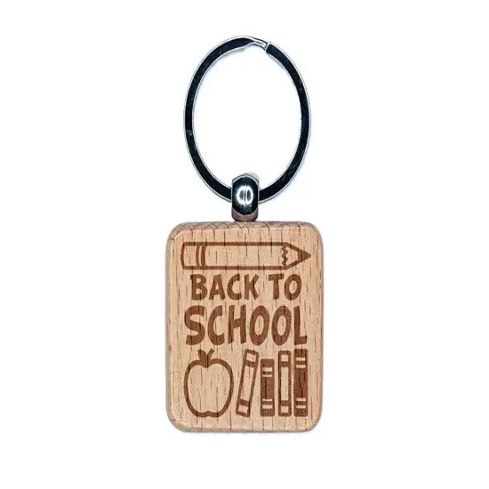 Back to School Pencil Apple Books Engraved Wood Square Keychain Tag Charm {1}