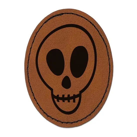 Skull Doodle Round Iron-On Engraved Faux Leather Patch Applique - 2.5" Brown {1}