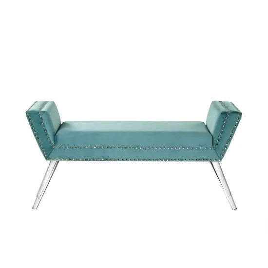 Lexi Velvet Nailhead Trim Acrylic Leg Ottoman Bench Slate Blue {3}