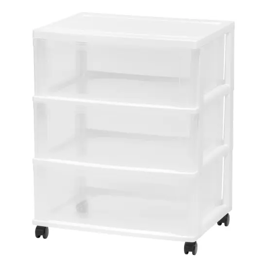 IRIS USA 3 Drawer Wide Storage Drawer Cart with Caster Wheels, Plastic Rolling Dresser for Home Closet Bedroom Bathroom Office Laundry Kitchen Craft Room Nursery and School Dorm, White/Clear {1}