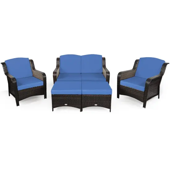 5 Pieces Patio Rattan Sofa Set with Cushion and Ottoman Navy {3}