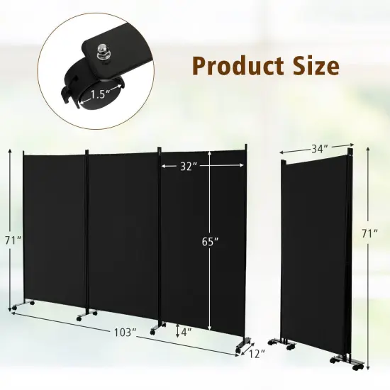3 Panel Folding Room Divider with 8 Smooth Universal Lockable Wheels Black {4}