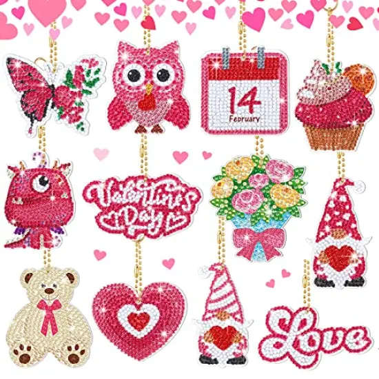 BBTO 12 Pcs Valentine's Day Diamond Painting Keychains DIY Love Heart Diamond Art Keychains Sweet 5D Diamond Key Chains Kit for Valentines Decorations (Romantic Style) {1}