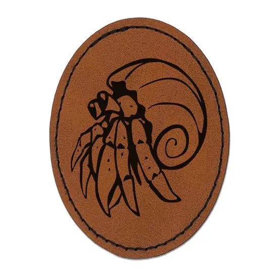 Hermit Crab Spiral Shell Crustacean Round Iron-On Engraved Faux Leather Patch Applique - 2.5" Brown {1}