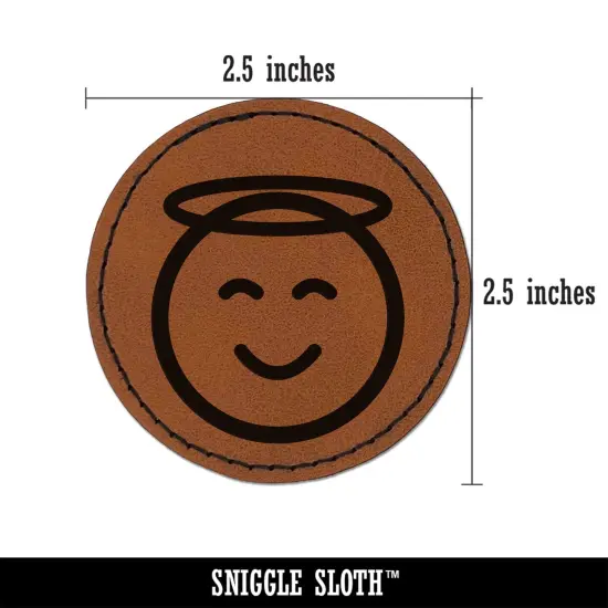Angel Face Halo Emoticon Round Iron-On Engraved Faux Leather Patch Applique - 2.5" Brown {3}
