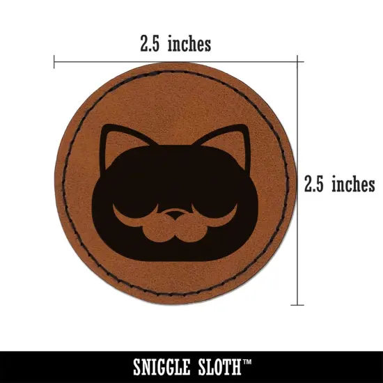 Round Cat Face Sleepy Round Iron-On Engraved Faux Leather Patch Applique - 2.5" Brown {3}