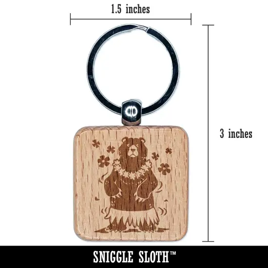 Luau Hawaiian Bear in Hula Skirt with Lei Engraved Wood Square Keychain Tag Charm {2}