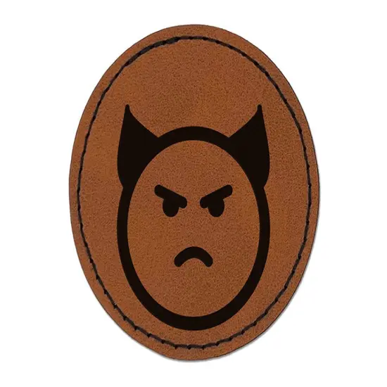 Angry Devil Face Emoticon Round Iron-On Engraved Faux Leather Patch Applique - 2.5" Brown {1}