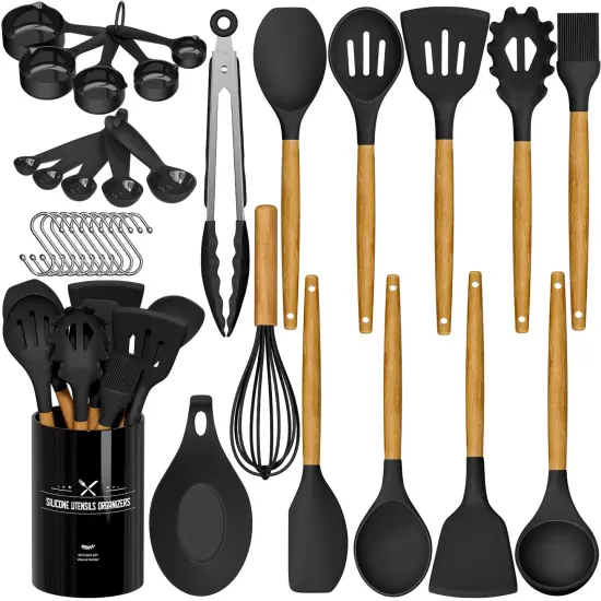 33 Pieces Chef Kitchen Cooking Utensils Set, Non-Stick Utensils Spatula Set with Holder, Black Wooden Handle Silicone Kitchen Gadgets {2}