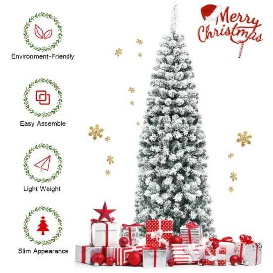 6 Feet Unlit Hinged Snow Flocked Artificial Pencil Christmas Tree with 500 Branch Tip {4}
