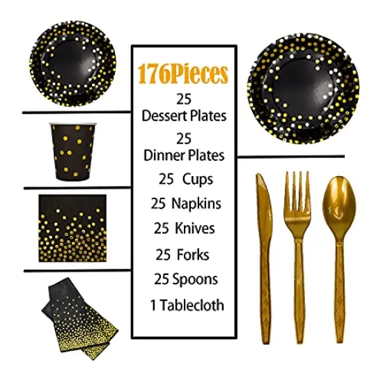 176 Pieces Gold Disposable Party Dinnerware Set &Golden Dot Disposable Party Dinnerware - Black Paper Plates Napkins Cups, Gold Plastic Forks Knives Spoons {1}