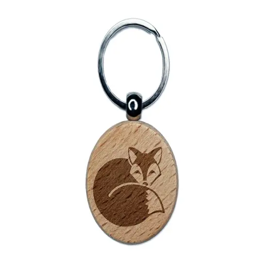 Fox Curled Up Sleeping Engraved Wood Round Keychain Tag Charm {1}