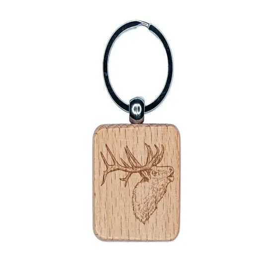 Elk Calling Out Engraved Wood Square Keychain Tag Charm {1}