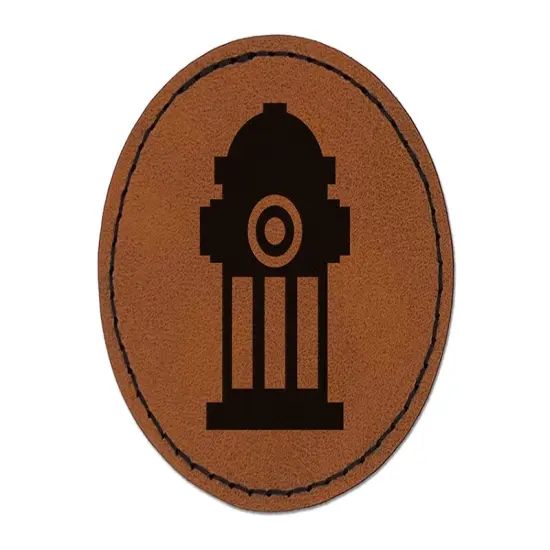 Fire Hydrant Icon Round Iron-On Engraved Faux Leather Patch Applique - 2.5" Brown {1}