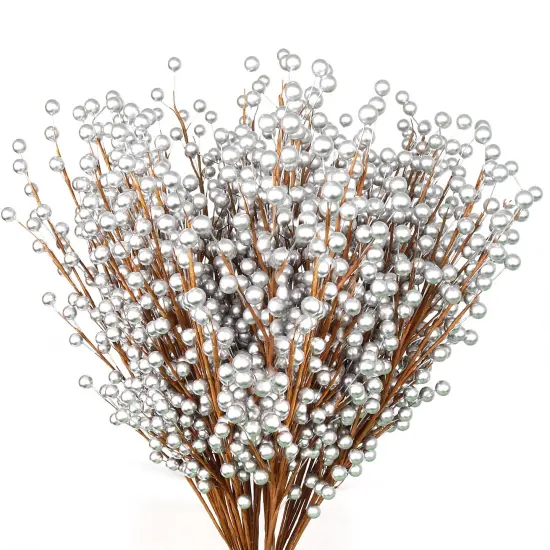 17" Silver Holly Berry Christmas Stem Picks with 35 Berries, Perfect for Holiday Trees, Wreaths & Floral Arrangements - 2024 Christmas Collection, Floral Home by Artificial Flowers {3}