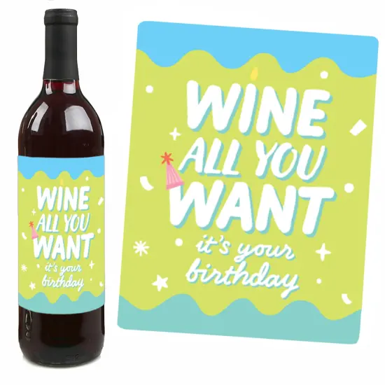 Big Dot of Happiness Party Time - Happy Birthday Party Decorations for Women and Men - Wine Bottle Label Stickers - Set of 4 {7}
