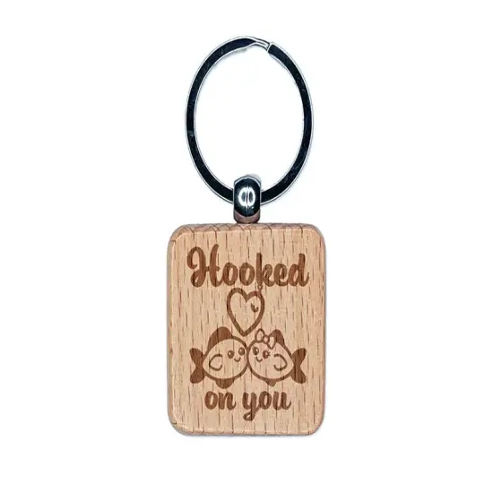 Hooked On You Fish Love Anniversary Valentine's Day Engraved Wood Square Keychain Tag Charm {1}