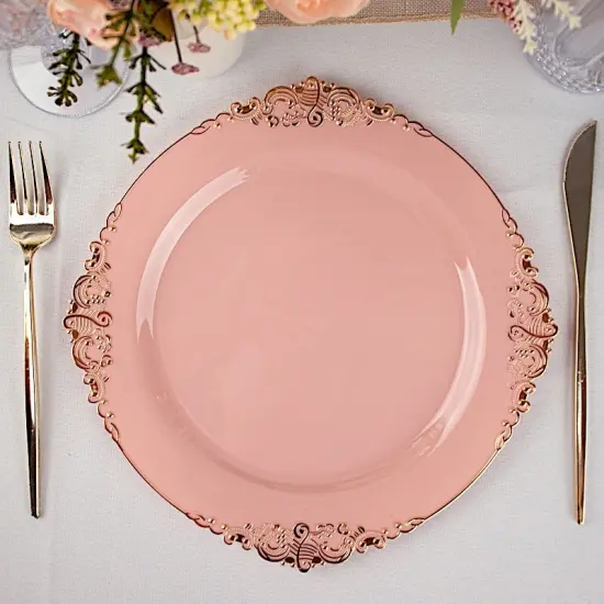 10 Pcs Disposable Plastic Salad Dinner Plates Embossed Baroque Trim Party Dusty rose {1}