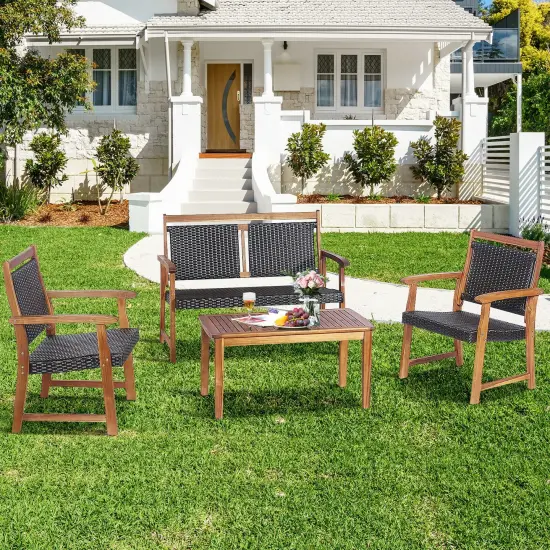 4 Pieces Outdoor Patio Rattan Furniture Sofa Set with Acacia Wood Frame {2}