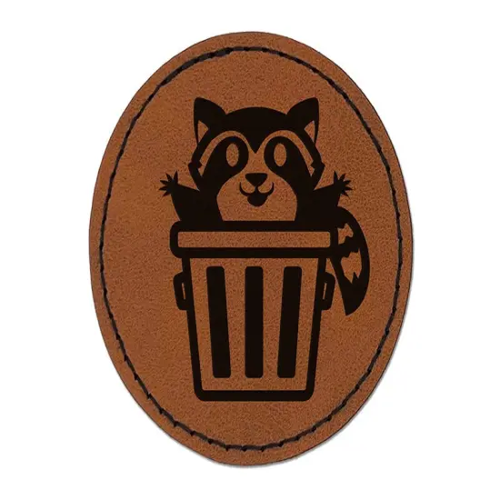 Lively Raccoon in Trash Can Round Iron-On Engraved Faux Leather Patch Applique - 2.5" Brown {1}